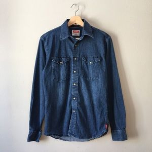 wrangler pearl snap denim button down shirt